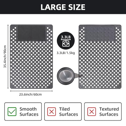 Shower Mat Non Slip: 35.4" x 23.6" Large PVC Heavy Shower Mats for Inside Shower - Quick Dry Shower Foot Scrubber Matt with Drain Hole and Suction Cups for Elderly - color: Grey