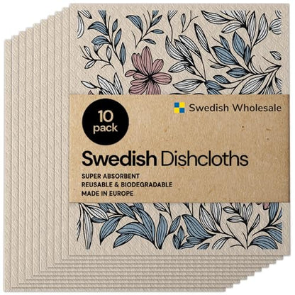 Swedish Wholesale Dishcloths Reusable 8" x 7" Sponge Cloths, Bulk 10 Pack of High Absorbent Cellulose Dish & Kitchen Cleaning Hand Towels, Wring to Dry & Machine Wash, Odor Resistant, Mini Flower - color: Mini Flower