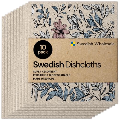 Swedish Wholesale Dishcloths Reusable 8" x 7" Sponge Cloths, Bulk 10 Pack of High Absorbent Cellulose Dish & Kitchen Cleaning Hand Towels, Wring to Dry & Machine Wash, Odor Resistant, Mini Flower - color: Mini Flower