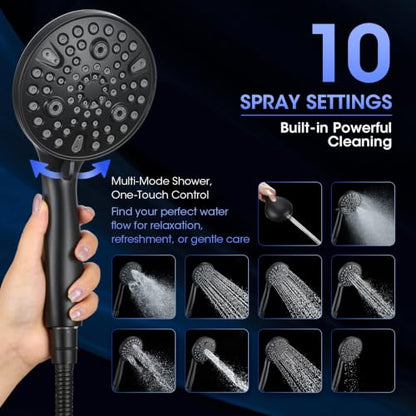 Shower Head with Handheld, High Pressure 10 Spray Modes, Matte Black | Built-in Pause Function, Power Wash Mode, Anti-Clog Nozzles, 71 Inch Stainless Steel Hose, Adjustable Overhead Bracket - color: Matte Black