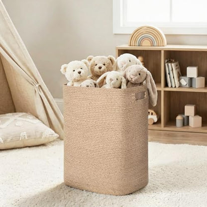 Large Laundry Hamper 16"x13"x22" - Tall Woven Baby Laundry Basket, Cotton Rope Clothes Hamper Bin, Wicker Storage Basket for Toys, Blankets, Nursery Bedroom Aesthetic, Soft Brown Hamper, 75L - color: Brown
