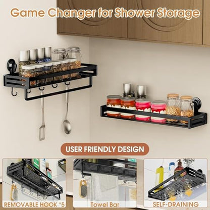 Suction Cup Shower Caddy With 5 Hooks & Towel Rrack 11.8inch Black | No Drilling Shower Organizer with Large Capacity, Rust-resistant Bathroom Organizer, Heavy Duty Shower shelves for Bathroom - size: 11.8 inches(US)