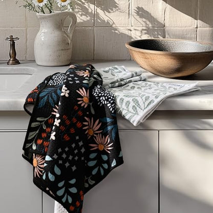 RECYCO Waffle Kitchen Towel Set of 2 - Quick Dry Microfiber Sustainable Dish Towels - Ultra Absorbent Reusable Cleaning Tea Towels - Lightweight Hand Towels,16”x 28”, Enchanted Bloom - color: Enchanted Bloom