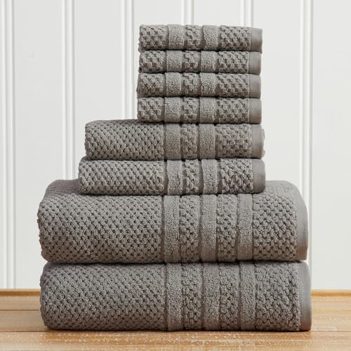 Great Bay Home 100% Cotton 8 Piece Towel Set - Absorbent, Quick-Drying, Checkered Jacquard Bath Towels for Bathroom - Zero-Twist Fibers (Dark Grey) - color: Dark Grey, size: 8 Piece Set