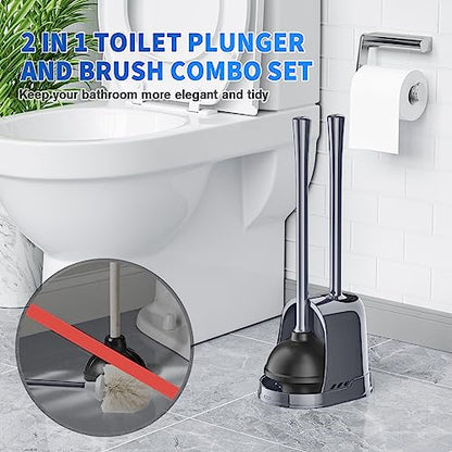 Toilet Plunger and Brush, Silicone Bowl Brush and Heavy Duty Toilet Plunger Set with Ventilated Holder, 2-in-1 Toilet Brush and Plunger Combo for 5.3-inch Bathroom Cleaning (Gray, 1 Set) - color: Gray