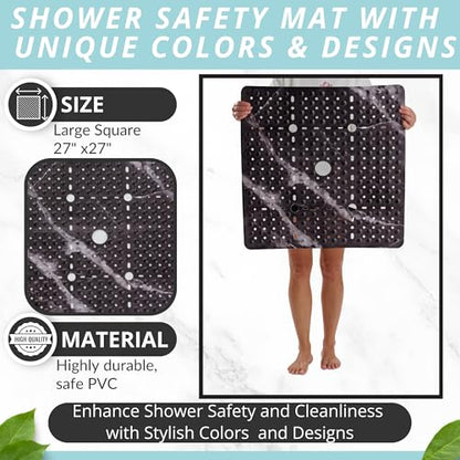 ENKOSI Square Shower Mat 27x27 inch - Anti Slip Shower Stall Floor Mat - Non Slip Shower Mats with Strong Secure Suction Cups and Drain Holes in Middle (27x27 Marble Black) - color: Marble Black