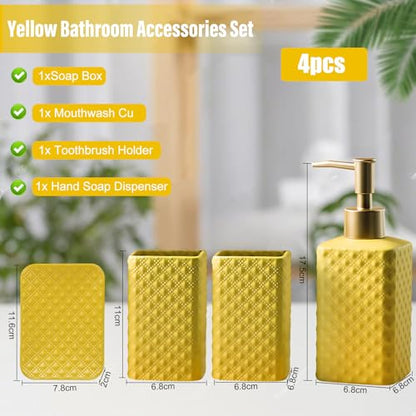 Jessie Bathroom Accessories Set, 3 or 4-Piece Ceramic Bathroom Accessory Set,Soap Dispenser,Toothbrush Holders Set,Tumbler,Soap Dish Embossed Matte Bathroom for Modern Bathrooms (Yellow 4-Piece Suit) - size: Yellow-4 Piece