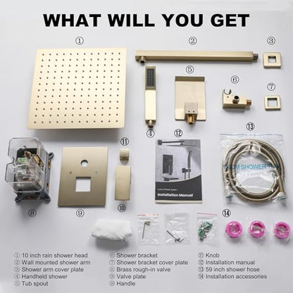 Shower System with 10-Inch Rain Head and Tub Spout | All-Metal Tub Shower Faucet Set, Wall Mounted Rain Showerhead, Handheld Spray, Includes Valve and Trim Kit, Brushed Gold - color: Brushed Gold, style: 10"-With Tub Spout