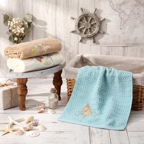 HunnmingRe 3 Pcs Coastal Waffle Hand Towels for Bathroom Farmhouse Embroidered Ocean Beach Nautical Finger Towels Sand Dollar Starfish 13.78 x 29.5 Inch Bath Decor for Summer Kitchen Spa Home - style: Coastal