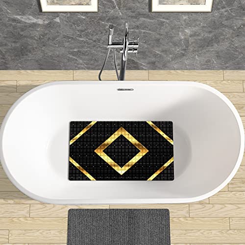 Bath Tub Mat Non Slip Shower Mat Black Gold Geometry Honeycomb Extra Long Bathtub Mat 26.8x15 inches Bathroom Bath Mat with Suction Cups Drain Holes Machine Washable - color: Black Gold Geometry Honeycomb