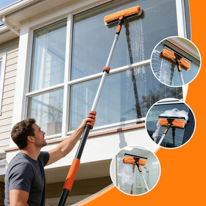 30FT High Window Cleaning Kit, 5-24 FT Telescoping Extension Pole with Dual Action Flip-Lock & Screw Fixing Design, 2-in-1 Window Squeegee, Professional Long Handle Washing Tool for High Windows - size: 5-24FT