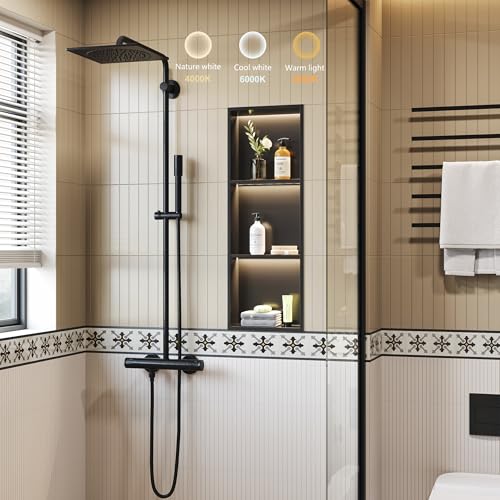 Matte Black 3-Tier 3CCT LED Niche, 12"x36" No-Tile Shower Storage | shower niche with 3-Temperature LED Strip Light (4000K/6000K/3000K),Waterproof, Sturdy&Durable,304 Stainless Steel Wall Niche - color: Matte Black, size: 12X36In