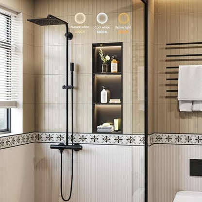 Matte Black 3-Tier 3CCT LED Niche, 12"x36" No-Tile Shower Storage | shower niche with 3-Temperature LED Strip Light (4000K/6000K/3000K),Waterproof, Sturdy&Durable,304 Stainless Steel Wall Niche - color: Matte Black, size: 12X36In