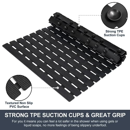 Yolife Quick Drain Shower Mat, 24.8 x 15.8 inch Power Grip Shower Mat Non Slip, Raised Non Slip Shower Mats for Inside Shower, Heavy Duty Curlable Stand up Shower Floor Mat,Black