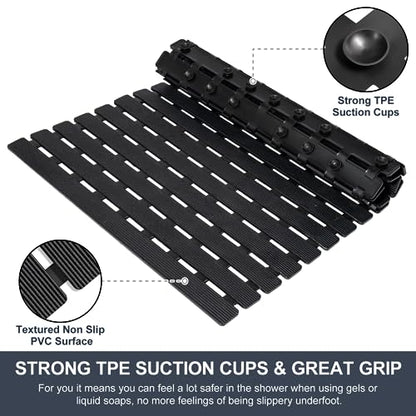 Yolife Quick Drain Shower Mat, 24.8 x 15.8 inch Power Grip Shower Mat Non Slip, Raised Non Slip Shower Mats for Inside Shower, Heavy Duty Curlable Stand up Shower Floor Mat,Black