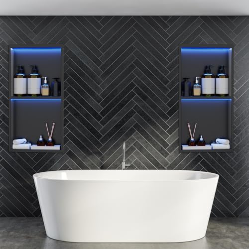 Vercraft 24'' x 12'' LED Light Stainless Steel Shower Niche with RGB Colorful Remote Control Matte Black No Tile Needed Wall Niche Insert Recessed Double Shelves for Bathroom Storage