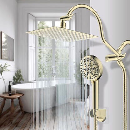 Hibbent All Metal CUPC Certified Shower Head, 10'' High Pressure Rainfall Shower Head, Handheld Showerhead Combo, 12'' Adjustable Extension Arm, 10 Sprays, 71'' Hose, Shower Holder, Polished Brass - color: Polished Brass, style: Square 10''