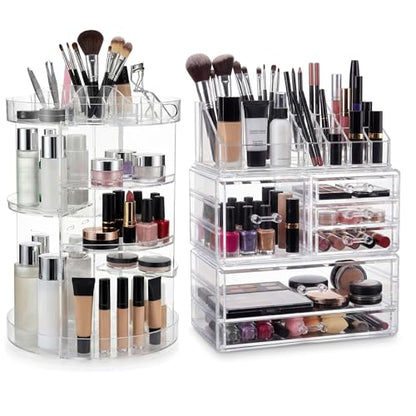 Canchiing Acrylic Makeup Organizer Set, 360 Rotating Makeup Organizer, Clear Drawer Vanity & Countertop Cosmetic Storage for Brushes, Jewelry, for Vanity, Bathroom, Bedroom, Closet