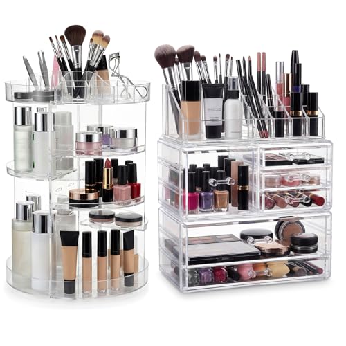 Canchiing Acrylic Makeup Organizer Set, 360 Rotating Makeup Organizer, Clear Drawer Vanity & Countertop Cosmetic Storage for Brushes, Jewelry, for Vanity, Bathroom, Bedroom, Closet