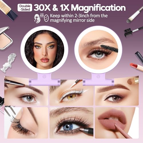 Magnifying Mirror with Light 30X, Double-Sided 1X/30X Magnifying Makeup Mirror with Tweezer, 2000mAh 3 Colour Modes with Adjustable Brightness,Foldable Travel Mirror(Purple) - color: Purple