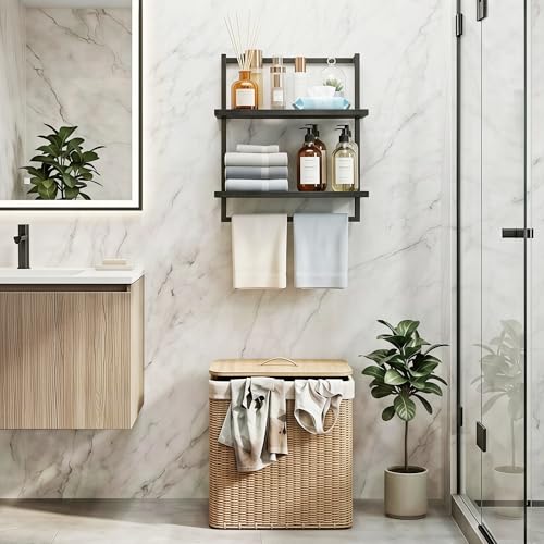 Wall Mounted Towel Rack for Bathroom Black | Bath Storage Holder, 3-Tier 15.7" Wide, Steel Wood Towel Shelf with Bar - color: Black