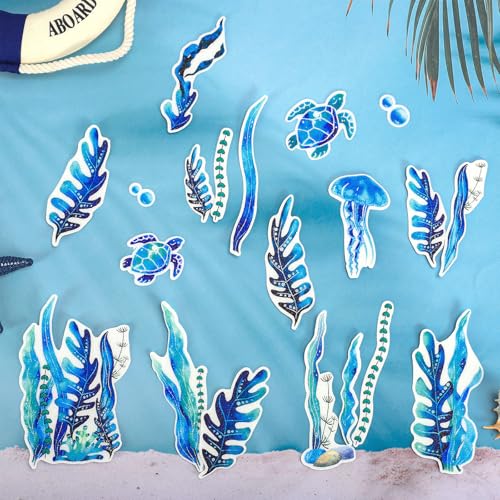 AnyDesign Non-Slip Bathtub Stickers Under The Sea Adhesive 20Pcs Blue Ocean Animal Seaweed Turtle Anti Slip Shower Tread Adhesive Applique Decal with Scraper for Summer Bathroom Floor