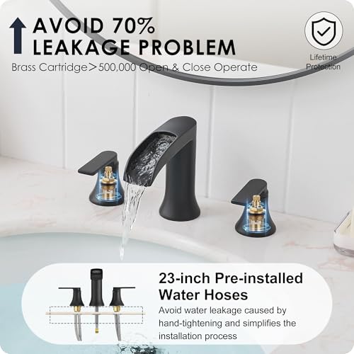 Matte Black Widespread Bathroom Sink Faucet 3 Hole, 8 Inch Waterfall Faucet for Bathroom Sink with Pop-Up Drain and cUPC Supply Lines, 2 Handles for Vanity Lavatory Restroom, Brass Material - color: Matte Black - Elegant