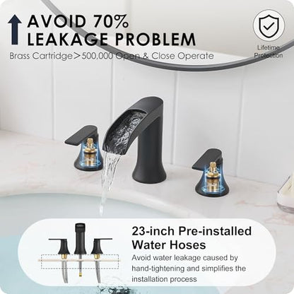 Matte Black Widespread Bathroom Sink Faucet 3 Hole, 8 Inch Waterfall Faucet for Bathroom Sink with Pop-Up Drain and cUPC Supply Lines, 2 Handles for Vanity Lavatory Restroom, Brass Material - color: Matte Black - Elegant
