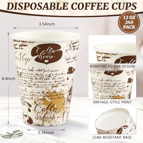 SIUQ 240 Pack 12 oz Disposable Paper Coffee Cups Retro Leak-Proof Sturdy | Thickened Disposable Drinking Cups, Hot/Cold Beverage, Offices, Cafes, Parties, Picnics, Travel, Events, Home - color: 240pack-12oz-brown