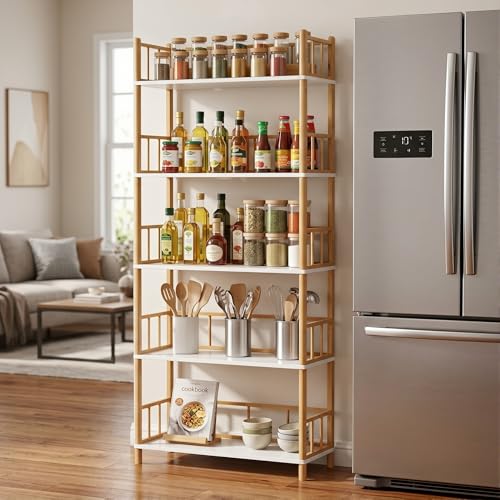 5-Tier Expandable Freestanding Open Bamboo Book Shelf - No-Tool Assembly & Modular,Bathroom Storage Shelf Unit Plant Stand for Small Space, Bedroom, Living Room, Home Office (White, 5-Tier WithRail) - color: White 5-tier-2