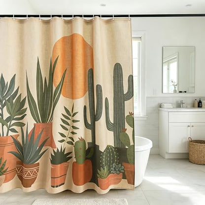 Potted Plant Linen Boho Shower Curtain Set with Liner,72" Wx72 L | Double Layer Shower Curtain Waterproof Fabric with Zippered Removable PEVA Liner,Boho Shower Curtain for Bathroom,Free Hooks - color: Cactus