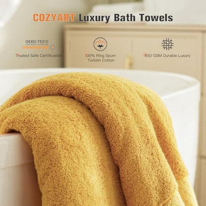 COZYART Bath Towel Set 6 PCS, Luxury Gold 100% Turkish Cotton 650GSM Soft | Absorbent Quick Dry, OEKO‑Tex 100 Cert. Zero Twist Ring Spun Cotton, Plush Fluffy, Breathable Hotel Quality Bathroom Towels - color: Mustard Gold