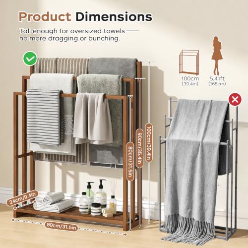 Standing Towel Rack for Bathroom, 39.4''H Bamboo Blanket Racks with Shelf | 31.5"W × 9.4"D × 39.4"H • Walnut • Waterproof • Blanket rack • Blanket holder • Ventilated • Bottom shelf • Anti-tip - color: Walnut