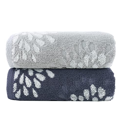 Pidada Hand Towels Set of 2 Hydrangea Floral Pattern 100% Cotton Absorbent Soft Decorative Towel for Bathroom (Light Grey & Denim Blue) - color: Light Grey & Denim Blue