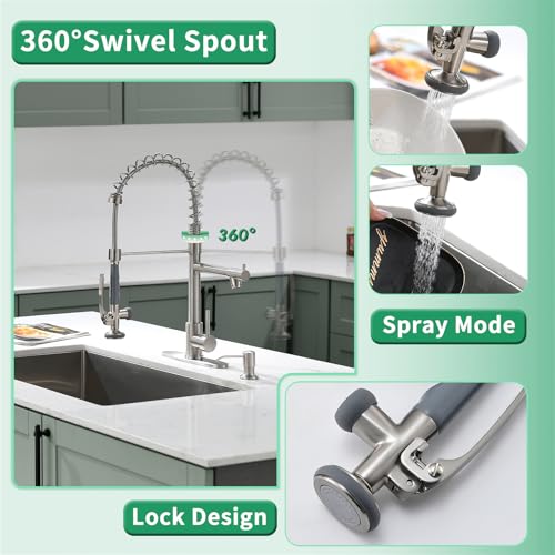 Fapully 4 Hole Kitchen Sink Faucet with Soap Dispenser Brushed Nickel | Commercial Grade High Pressure Kitchen Faucets,SuS Stainless Steel, Single Handle Design, High Arc, 360° Swivel - color: Brushed Nickel, style: Contemporary