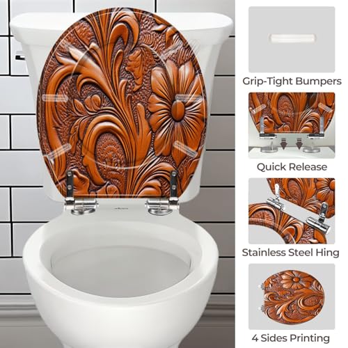 Round Resin Toilet Seat, Quietly Close Quick Release Hinges Cover | Toilet Lid Cover Easy to Clean and Install, Hand Tooled Leather Heavy Duty Toilet Seat - color: pattern4, size: O-shape
