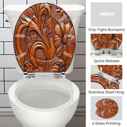 Round Resin Toilet Seat, Quietly Close Quick Release Hinges Cover | Toilet Lid Cover Easy to Clean and Install, Hand Tooled Leather Heavy Duty Toilet Seat - color: pattern4, size: O-shape