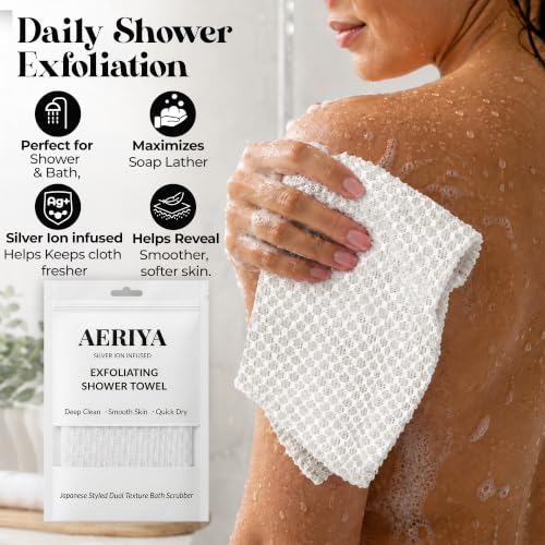 Exfoliating Washcloth – Long Japanese-Style Back Scrubber for Shower, 2-Sided Body Scrub Exfoliating Towel, Quick Dry Bath Cloth for Men & Women, White - color: White