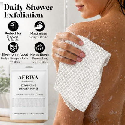 Exfoliating Washcloth – Long Japanese-Style Back Scrubber for Shower, 2-Sided Body Scrub Exfoliating Towel, Quick Dry Bath Cloth for Men & Women, White - color: White