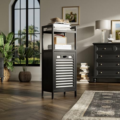 HITNET Tilt Out Laundry Hamper, Bamboo Bathroom Cabinet with Pull Out Removable Bag and 2 Tier Storage Shelves, 10 Gal Clothes Basket with Metal Handle, Black - color: Black