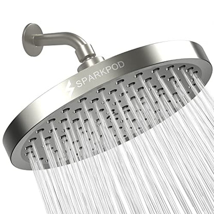 SparkPod Rain Shower Head, 8 Inch Round, Elegant Brushed Nickel Finish | High Pressure Shower Heads, 90 Nozzles, Adjustable Showerhead, No Tools Needed, Universal Connection - color: Elegant Brushed Nickel, style: 8 Inch Round