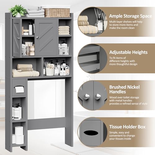 Over the Toilet Storage Cabinet, Freestanding Farmhouse Storage Cabinet Over Toilet, Bathroom Organizer with Paper Holder Stand and Adjustable Shelf, Grey - color: Light Grey