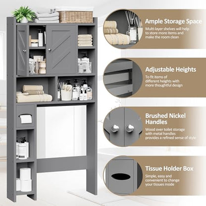 Over the Toilet Storage Cabinet, Freestanding Farmhouse Storage Cabinet Over Toilet, Bathroom Organizer with Paper Holder Stand and Adjustable Shelf, Grey - color: Light Grey