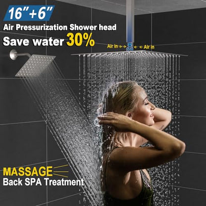 Enga Thermostatic Dual Head Shower System, 16" + 6" Dual Rainfall Shower System (Can All Run Together & Volume Adjustable) Dual Shower Head Combo Set, Brushed Nickel - color: Brushed Nickel, style: ‎16"+6" Head