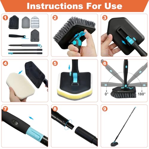 Long Handled Scrub Brush for Shower,3-in-1 Cleaning Brushes with 3 Different Function Cleaning Heads Brush for Shower Cleaning Bathroom Kitchen Walls Tub Tile (Black) - color: Black
