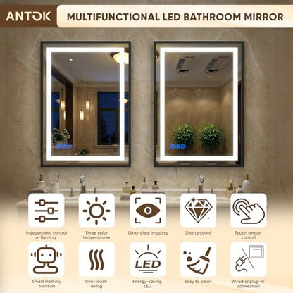 Antok 24X32 LED Bathroom Mirror with Lights, Vanity Mirror for Wall with Black Frame, Touch Control, Anti-Fog, Dimmable Lights, Shatter-Proof, Memory Function, Wall-Mounted Vanity Mirrors - size: 32"L x 24"W