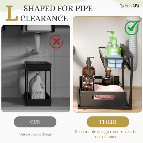 Under Sink Organizer 2-Pack – Pull Out Sliding Storage Rack, L-Shaped Design for Kitchen & Bathroom Cabinet, Heavy-Duty Steel, Easy Install, Black