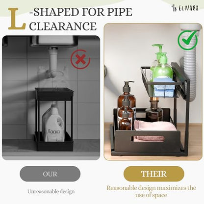 Under Sink Organizer 2-Pack – Pull Out Sliding Storage Rack, L-Shaped Design for Kitchen & Bathroom Cabinet, Heavy-Duty Steel, Easy Install, Black