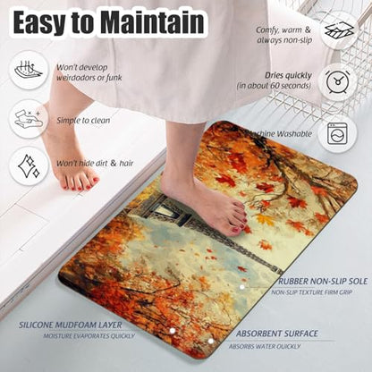 Bathroom Runner Mat Rugs Long,Eiffel Tower Maple Leaf Autumn pattern Diatomite Stone Bath Mat Large Absorbent Diatomaceous Earth Mat Non Slip Fast Dry Shower Mat Bathroom Rugs Floor Mat 16x42in - color: Design08