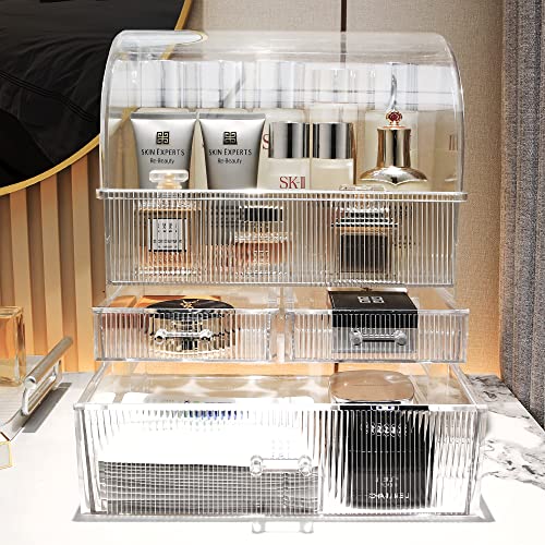 Professional Large Cosmetic Makeup Organizer Bathroom Storage Display Case with Drawers - color: Clear with Stripes